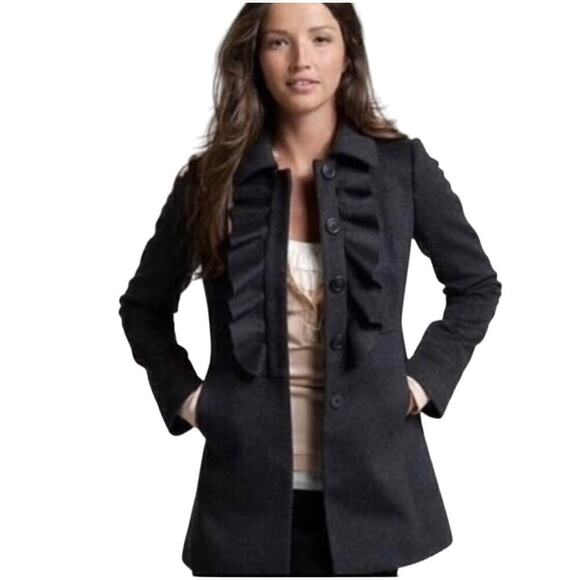 J.Crew Coat Womens 2 Black Wool Ruffle Collar Coquette Avante Garde Whimsigoth - Picture 1 of 11